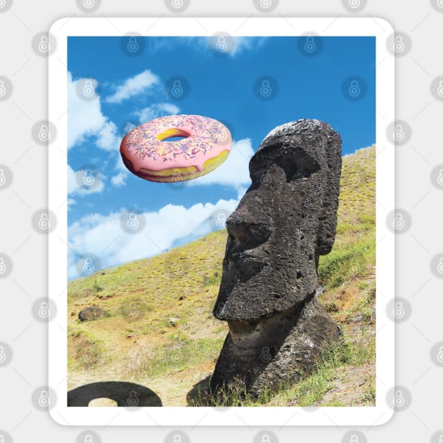 Easter island head with pink donut. Sticker by Luggnagg